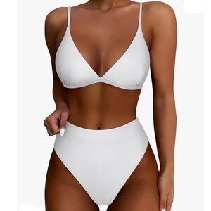 Womens White Two Piece Bikini Swimsuit Set High Waisted High Cut Size Small